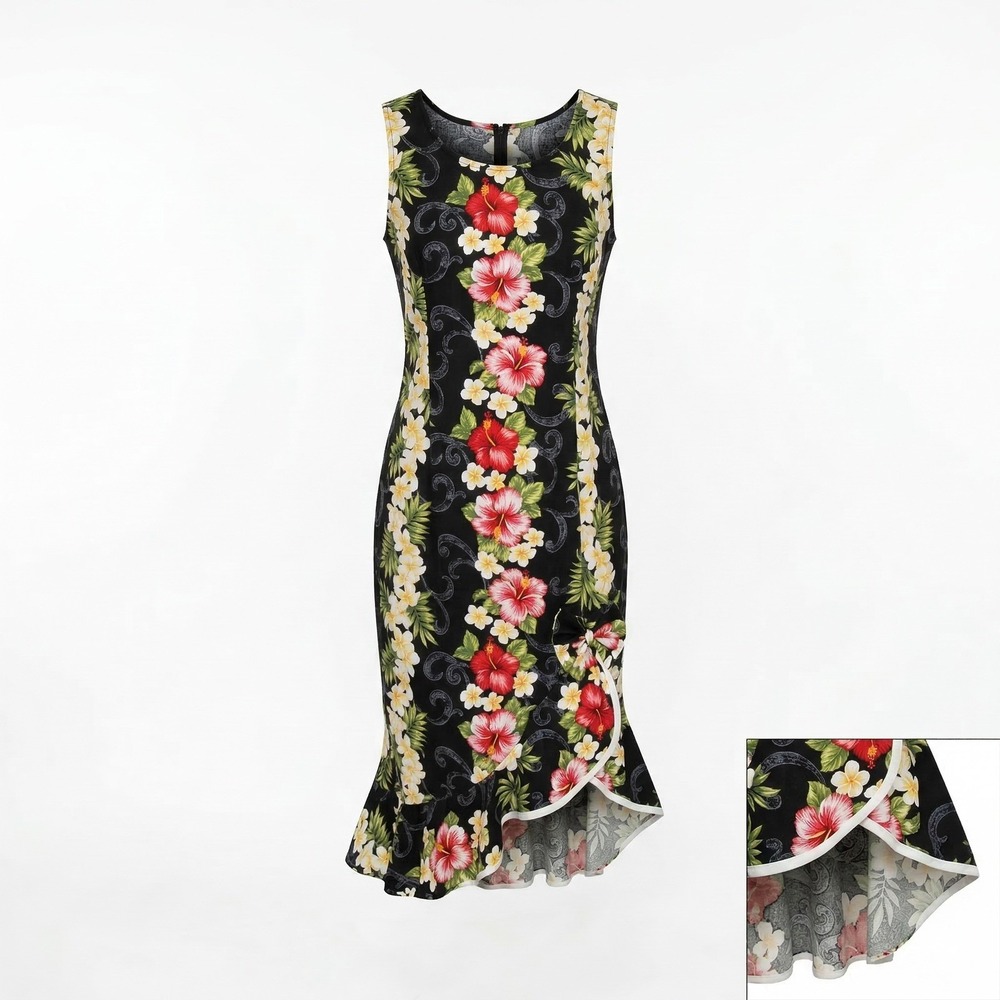 Two Palms Hawaii Dress Womens M Black Floral Midi Sundress Ruffle Hem USA made